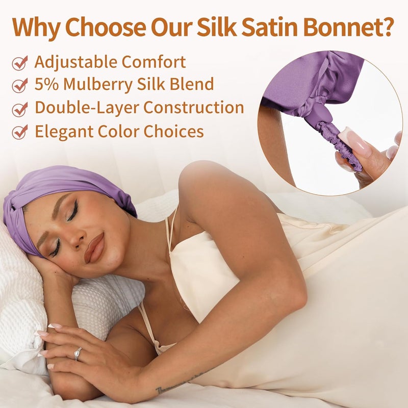 elio Adjustable Silk Satin Hair Bonnet for Sleeping with 5% Mulberry Silk – Double Layer Hair Cap for Women & Men, Extra Smooth Night Cap for Curly, Braided, Natural Hair – Silk Shower Cap (Lavender) - Image 2